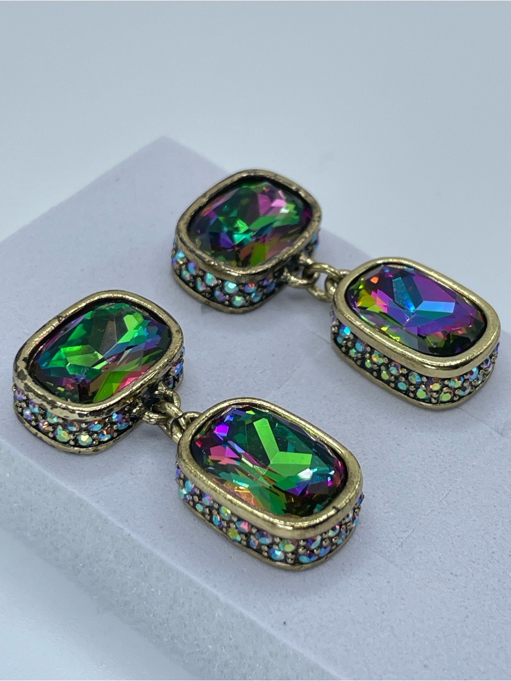Heidi Daus Multicolor Crystal Gold Tone Double Drop Statement Earrings